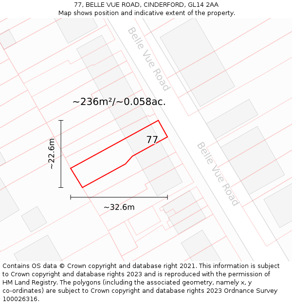 77, BELLE VUE ROAD, CINDERFORD, GL14 2AA: Plot and title map
