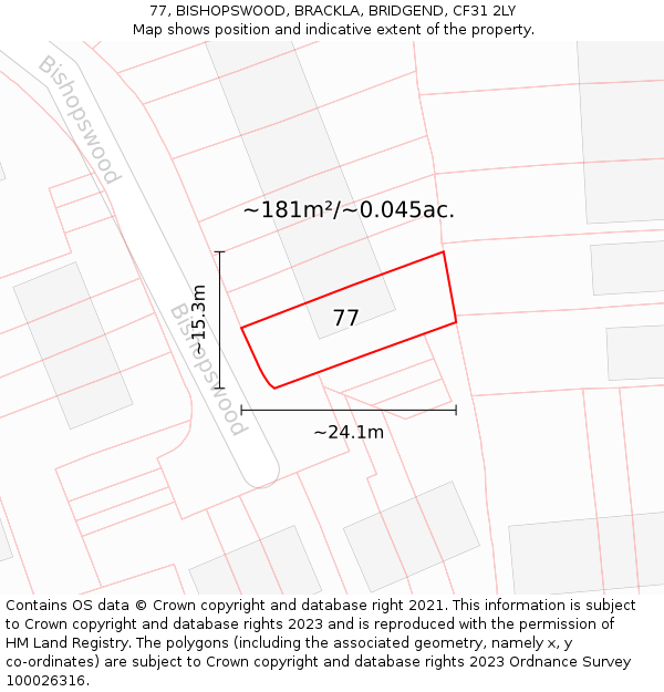77, BISHOPSWOOD, BRACKLA, BRIDGEND, CF31 2LY: Plot and title map