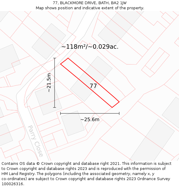 77, BLACKMORE DRIVE, BATH, BA2 1JW: Plot and title map