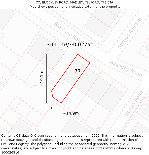 77, BLOCKLEY ROAD, HADLEY, TELFORD, TF1 5TA: Plot and title map