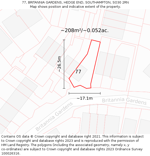 77, BRITANNIA GARDENS, HEDGE END, SOUTHAMPTON, SO30 2RN: Plot and title map