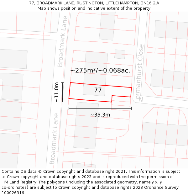 77, BROADMARK LANE, RUSTINGTON, LITTLEHAMPTON, BN16 2JA: Plot and title map