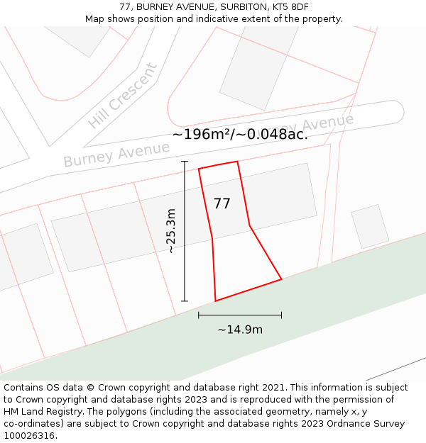 77, BURNEY AVENUE, SURBITON, KT5 8DF: Plot and title map
