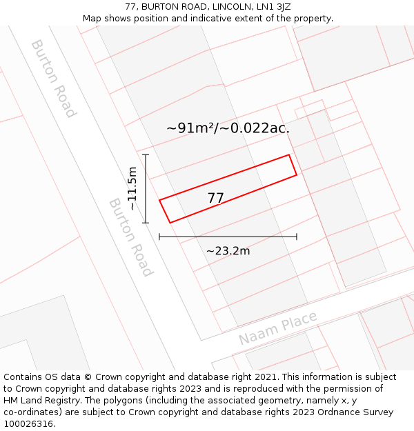77, BURTON ROAD, LINCOLN, LN1 3JZ: Plot and title map