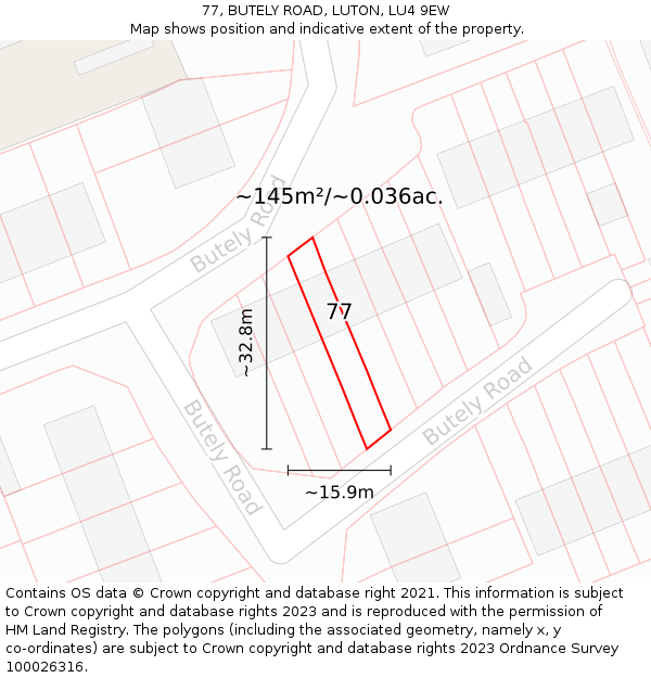 77, BUTELY ROAD, LUTON, LU4 9EW: Plot and title map
