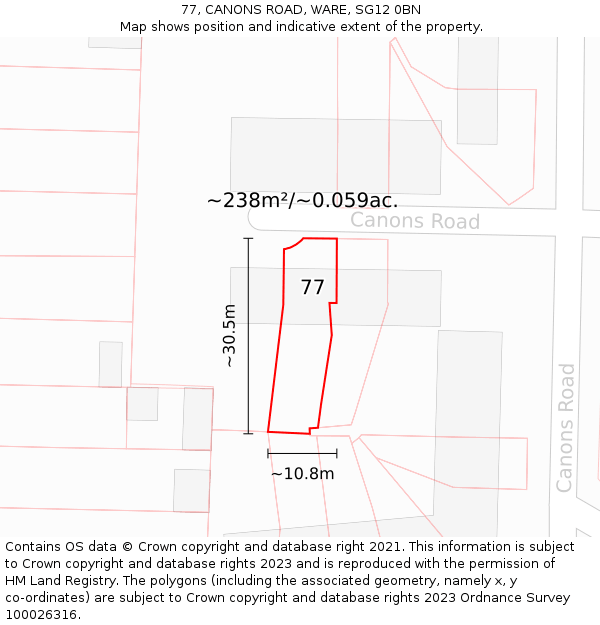77, CANONS ROAD, WARE, SG12 0BN: Plot and title map