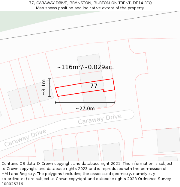 77, CARAWAY DRIVE, BRANSTON, BURTON-ON-TRENT, DE14 3FQ: Plot and title map