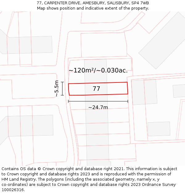 77, CARPENTER DRIVE, AMESBURY, SALISBURY, SP4 7WB: Plot and title map