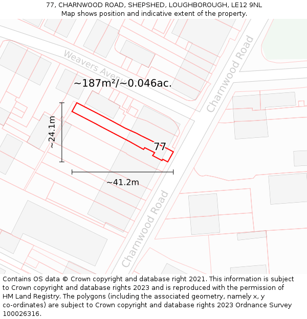77, CHARNWOOD ROAD, SHEPSHED, LOUGHBOROUGH, LE12 9NL: Plot and title map