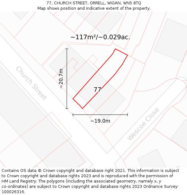 77, CHURCH STREET, ORRELL, WIGAN, WN5 8TQ: Plot and title map