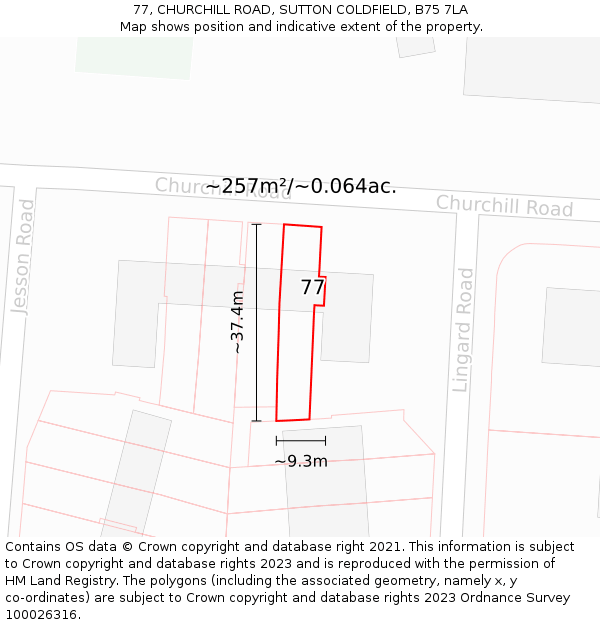 77, CHURCHILL ROAD, SUTTON COLDFIELD, B75 7LA: Plot and title map