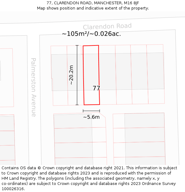 77, CLARENDON ROAD, MANCHESTER, M16 8JF: Plot and title map