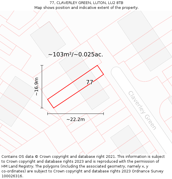 77, CLAVERLEY GREEN, LUTON, LU2 8TB: Plot and title map