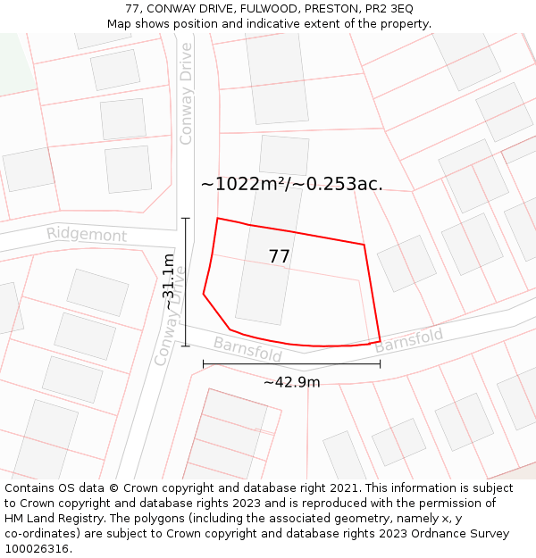 77, CONWAY DRIVE, FULWOOD, PRESTON, PR2 3EQ: Plot and title map