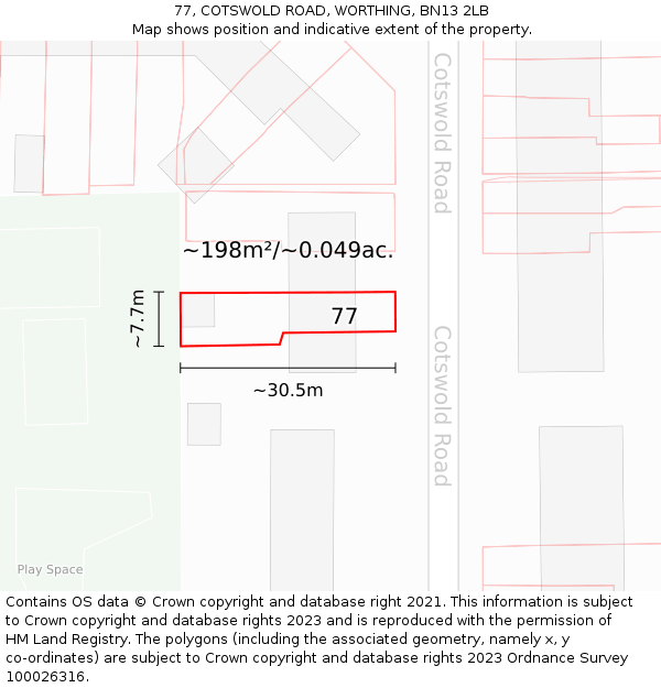77, COTSWOLD ROAD, WORTHING, BN13 2LB: Plot and title map
