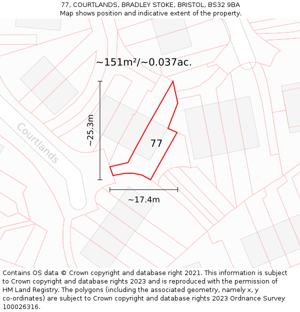 77, COURTLANDS, BRADLEY STOKE, BRISTOL, BS32 9BA: Plot and title map