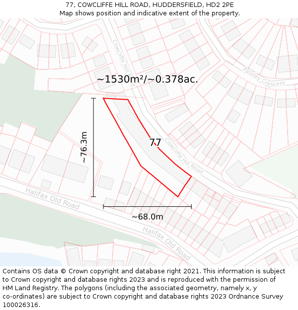 77, COWCLIFFE HILL ROAD, HUDDERSFIELD, HD2 2PE: Plot and title map