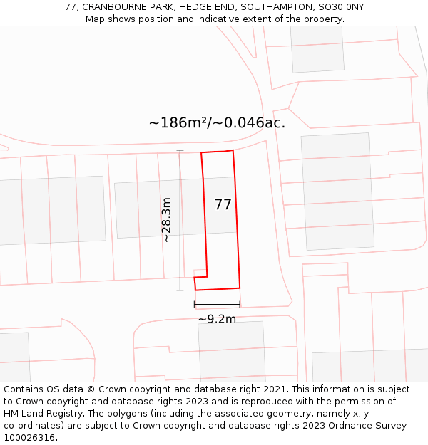 77, CRANBOURNE PARK, HEDGE END, SOUTHAMPTON, SO30 0NY: Plot and title map