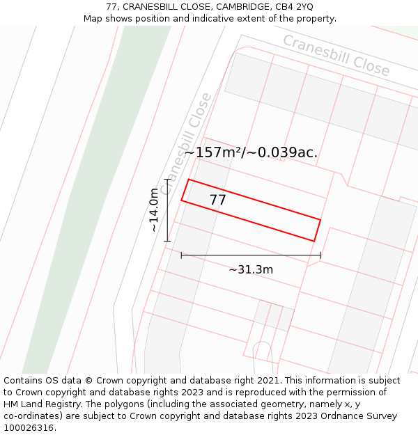 77, CRANESBILL CLOSE, CAMBRIDGE, CB4 2YQ: Plot and title map