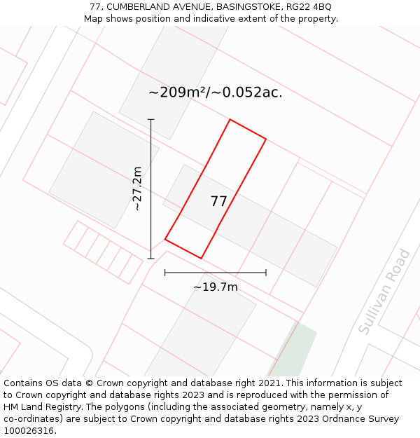 77, CUMBERLAND AVENUE, BASINGSTOKE, RG22 4BQ: Plot and title map