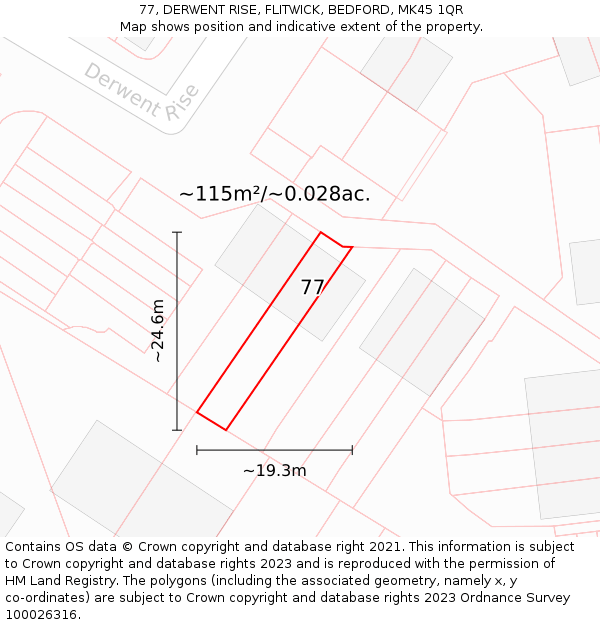 77, DERWENT RISE, FLITWICK, BEDFORD, MK45 1QR: Plot and title map