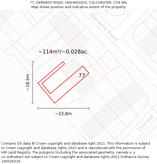 77, DERWENT ROAD, HIGHWOODS, COLCHESTER, CO4 9RL: Plot and title map