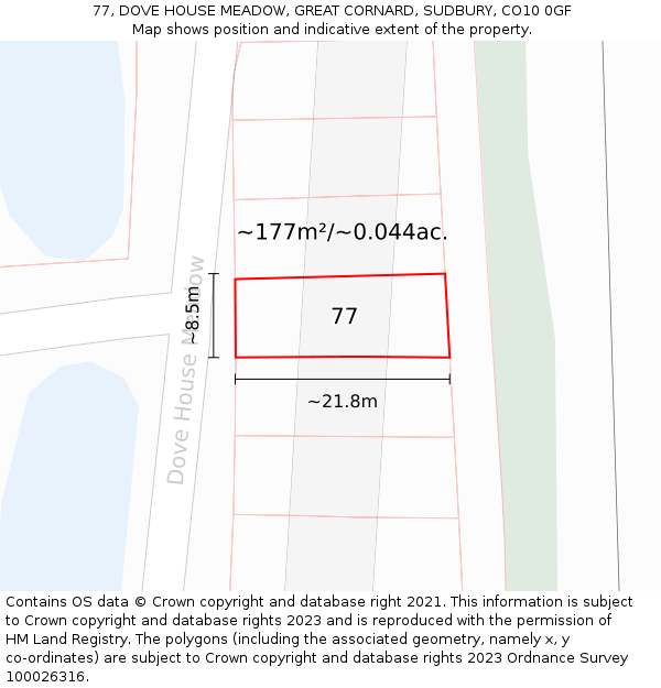 77, DOVE HOUSE MEADOW, GREAT CORNARD, SUDBURY, CO10 0GF: Plot and title map