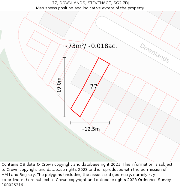 77, DOWNLANDS, STEVENAGE, SG2 7BJ: Plot and title map