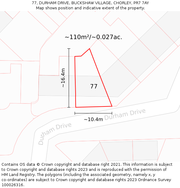 77, DURHAM DRIVE, BUCKSHAW VILLAGE, CHORLEY, PR7 7AY: Plot and title map