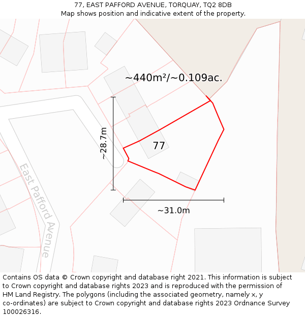 77, EAST PAFFORD AVENUE, TORQUAY, TQ2 8DB: Plot and title map