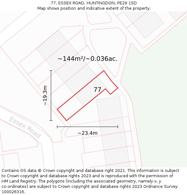 77, ESSEX ROAD, HUNTINGDON, PE29 1SD: Plot and title map