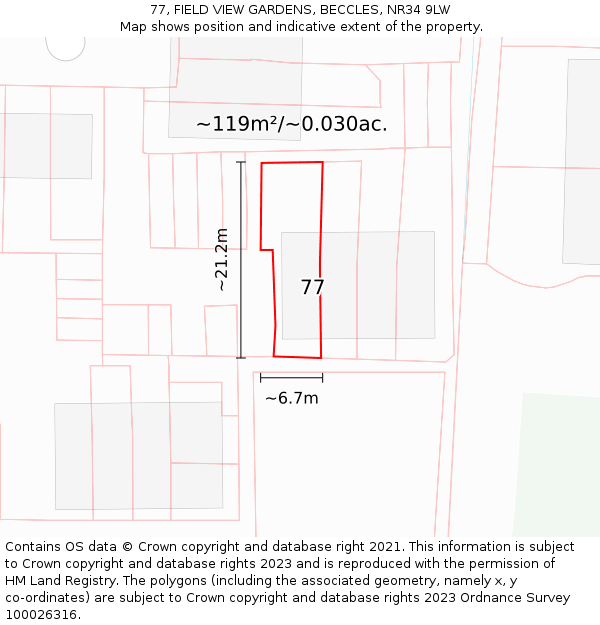 77, FIELD VIEW GARDENS, BECCLES, NR34 9LW: Plot and title map