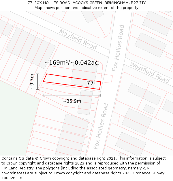 77, FOX HOLLIES ROAD, ACOCKS GREEN, BIRMINGHAM, B27 7TY: Plot and title map