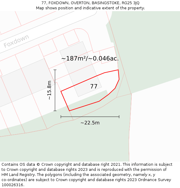 77, FOXDOWN, OVERTON, BASINGSTOKE, RG25 3JQ: Plot and title map