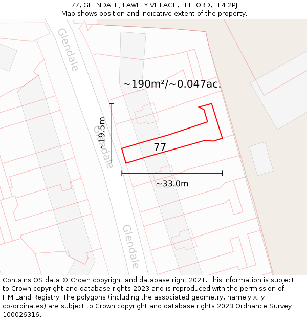 77, GLENDALE, LAWLEY VILLAGE, TELFORD, TF4 2PJ: Plot and title map