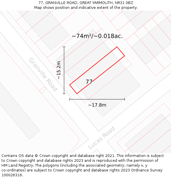 77, GRANVILLE ROAD, GREAT YARMOUTH, NR31 0BZ: Plot and title map
