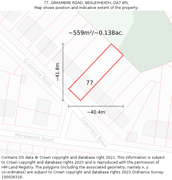 77, GRASMERE ROAD, BEXLEYHEATH, DA7 6PL: Plot and title map