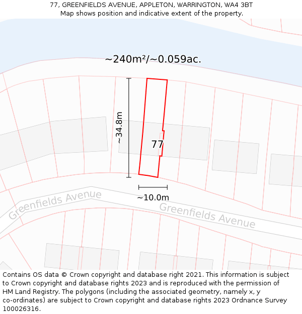 77, GREENFIELDS AVENUE, APPLETON, WARRINGTON, WA4 3BT: Plot and title map