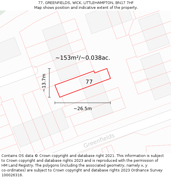 77, GREENFIELDS, WICK, LITTLEHAMPTON, BN17 7HF: Plot and title map