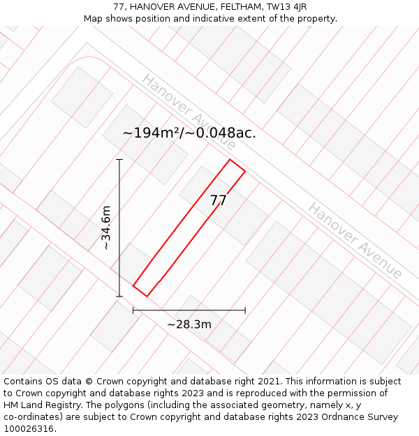 77, HANOVER AVENUE, FELTHAM, TW13 4JR: Plot and title map