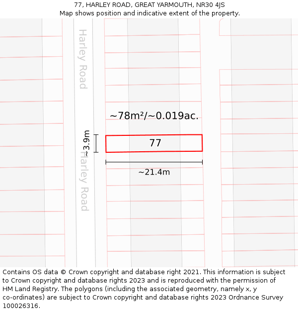 77, HARLEY ROAD, GREAT YARMOUTH, NR30 4JS: Plot and title map