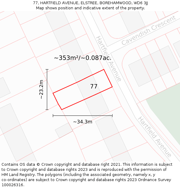 77, HARTFIELD AVENUE, ELSTREE, BOREHAMWOOD, WD6 3JJ: Plot and title map