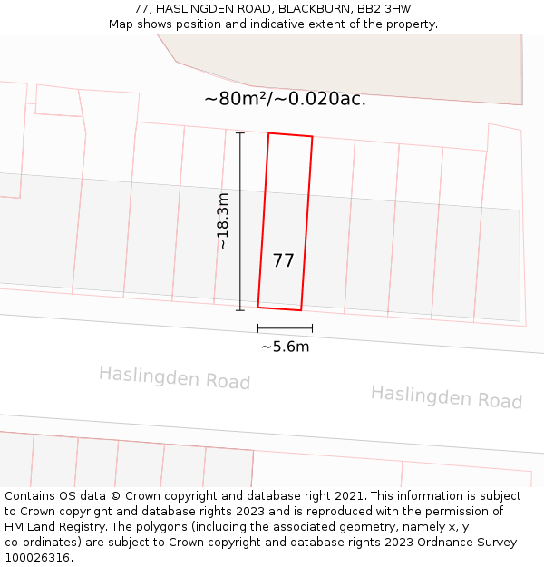 77, HASLINGDEN ROAD, BLACKBURN, BB2 3HW: Plot and title map