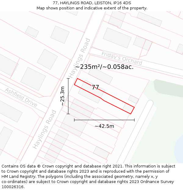 77, HAYLINGS ROAD, LEISTON, IP16 4DS: Plot and title map