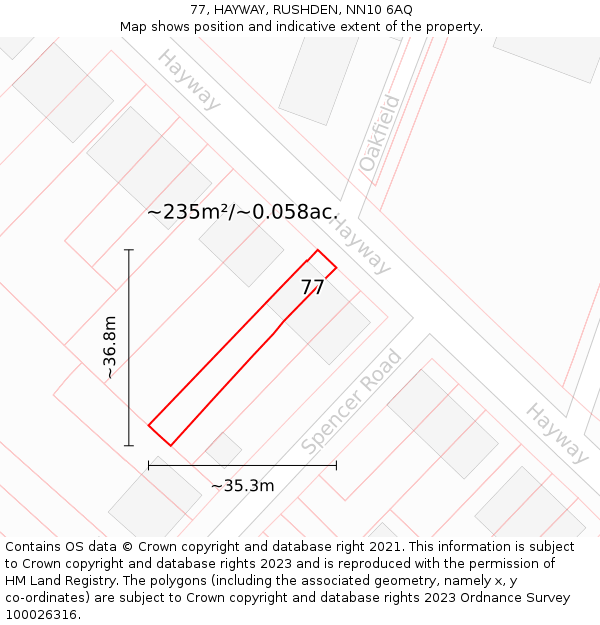 77, HAYWAY, RUSHDEN, NN10 6AQ: Plot and title map