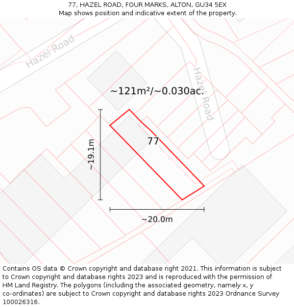 77, HAZEL ROAD, FOUR MARKS, ALTON, GU34 5EX: Plot and title map