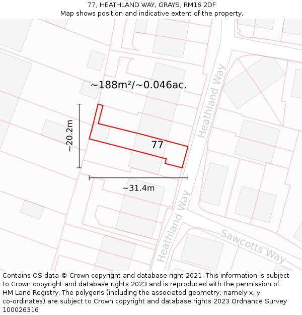 77, HEATHLAND WAY, GRAYS, RM16 2DF: Plot and title map