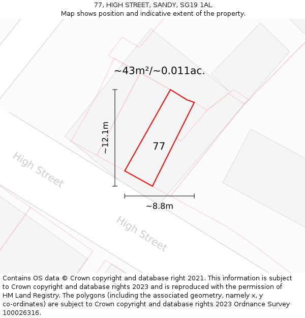 77, HIGH STREET, SANDY, SG19 1AL: Plot and title map