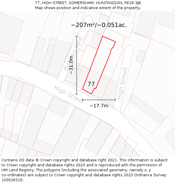 77, HIGH STREET, SOMERSHAM, HUNTINGDON, PE28 3JB: Plot and title map