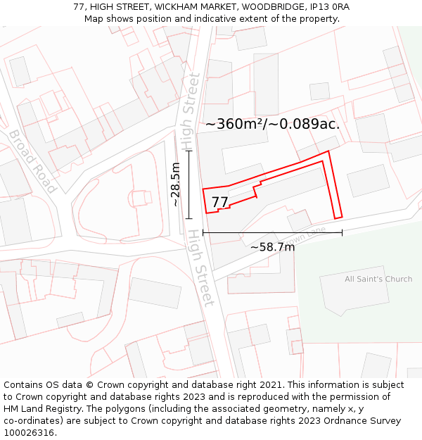 77, HIGH STREET, WICKHAM MARKET, WOODBRIDGE, IP13 0RA: Plot and title map